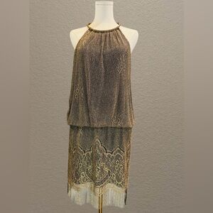 NWT! Halter Chain Neck Sleeveless Crochet Fringe Hem Metallic Dress